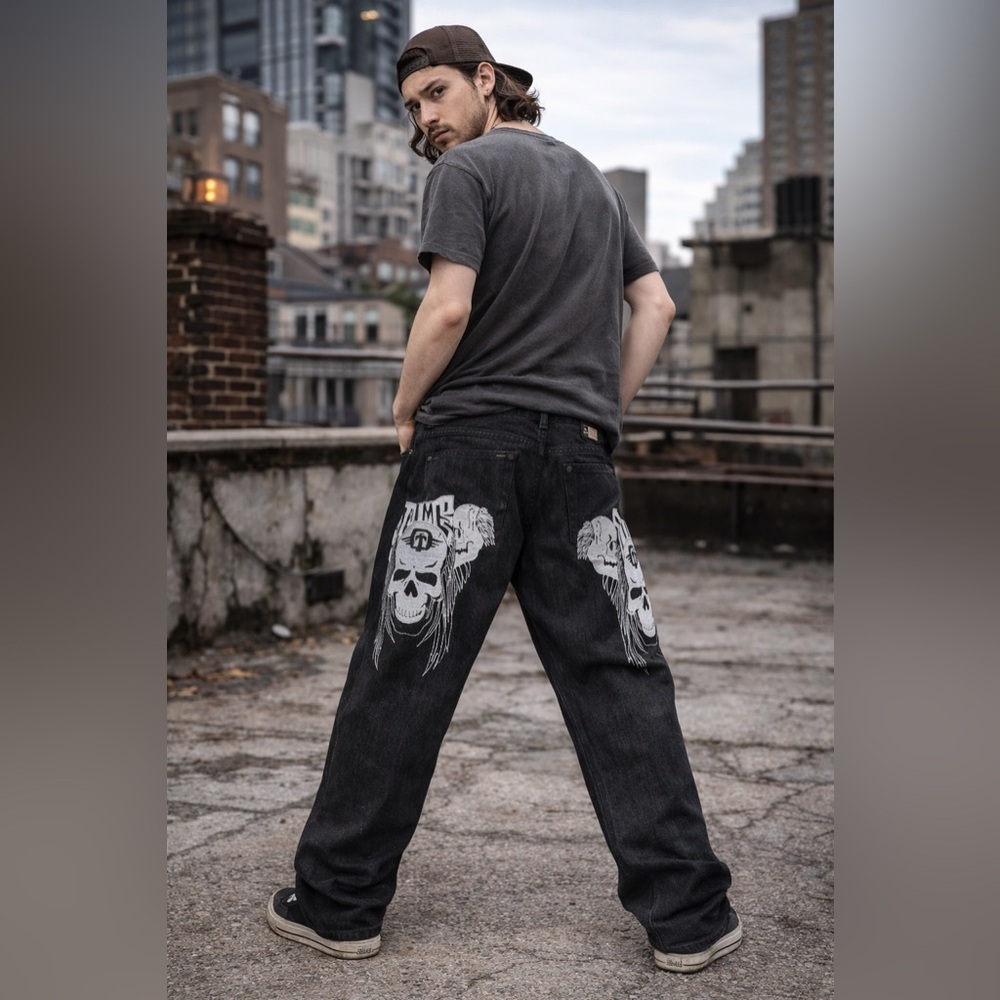 Game Time y2K black denim baggy jeans embroidered skulls oversized fit size 36​